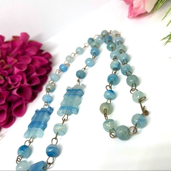 VINTAGE⚜️Genuine Teal Quartz Carved Gem Necklace - Picture 7 of 12